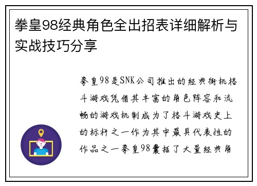 拳皇98经典角色全出招表详细解析与实战技巧分享